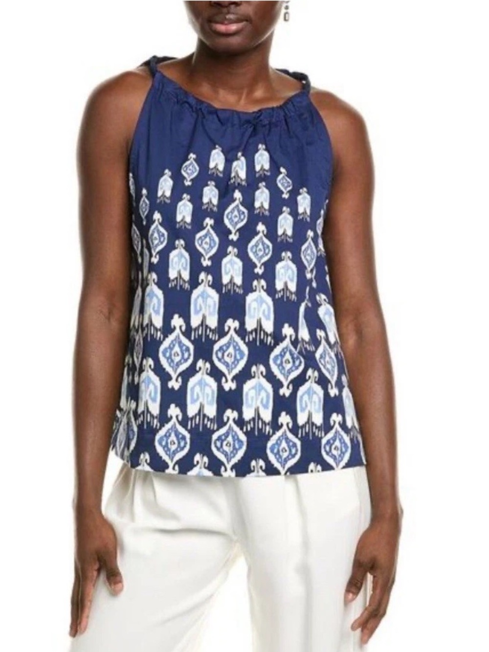 J. McLaughlin Talitha Blouse Navy/Blue Jeweled Ikat halter coastal summer XL